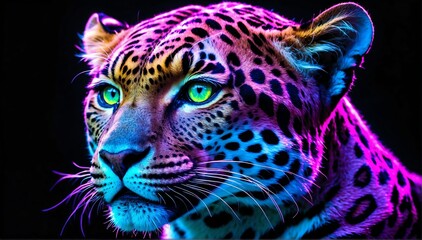holographic glowing portrait of leopard on black dark background from Generative AI