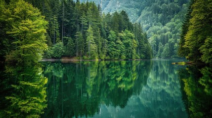 A tranquil lake nestled among towering trees, its mirror-like surface reflecting the lush greenery and vibrant colors of the surrounding forest.