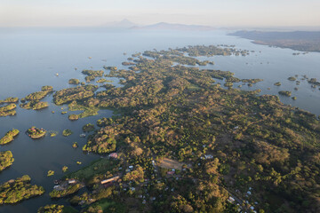 Isletas lake  with islands aerial drone view