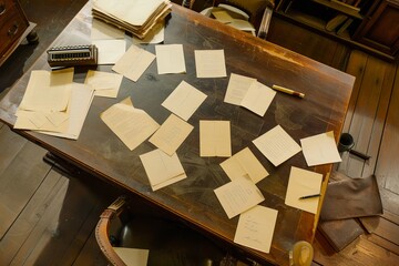 A historical setting featuring a vintage writing desk cluttered with scattered papers and a quill pen