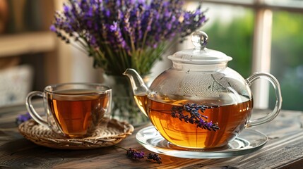 a teapot and cup of tea with lavender flowers