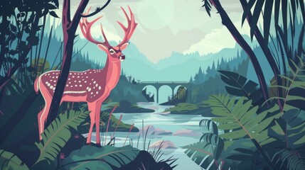 Serene forest landscape with majestic deer - obrazy, fototapety, plakaty