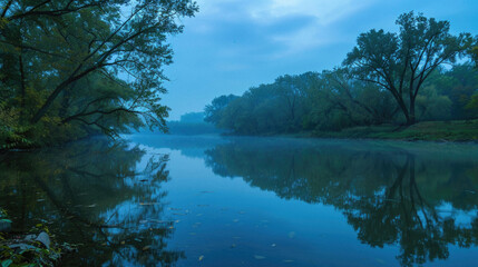 Obraz premium A calm river with trees in the background