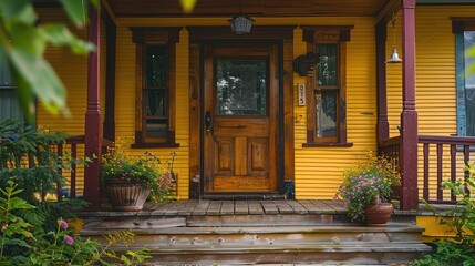 A house's wooden front door. A broad perspective of the porch and front pathway can be seen, along with reflections in the window and a wooden front door on a yellow house. horizontal view.
