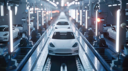 A white car is on a conveyor belt in a factory