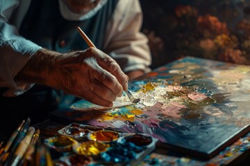 An artist meticulously adds color to the canvas, bringing life to his creation with a vivid palette...