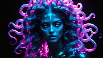 holographic glowing portrait of medusa on black dark background from Generative AI