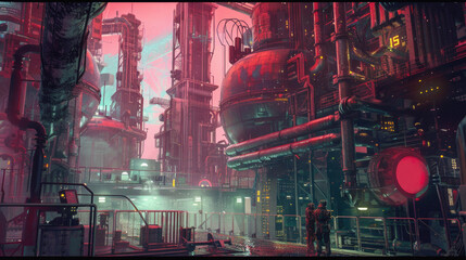 A futuristic cityscape with a red glowing object in the center