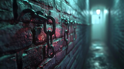 This image captures a chain with a padlock hanging against a textured brick wall illuminated by eerie blue light, giving off a mysterious vibe - obrazy, fototapety, plakaty