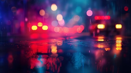 Obraz premium An atmospheric depiction of colorful bokeh city lights reflecting on a rain-drenched street, capturing the essence of urban life at night