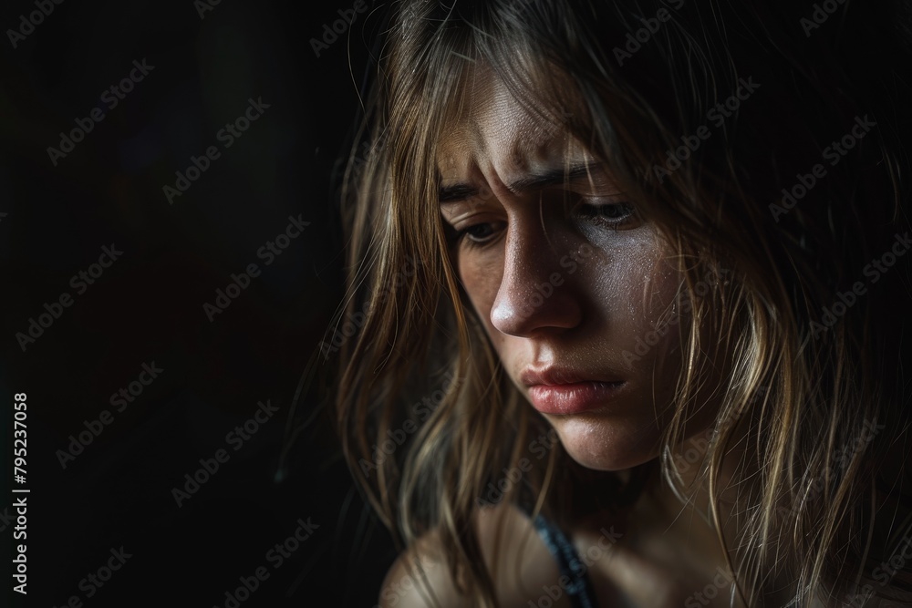 Poster mysterious image focusing on dark hair strands with a shadowed backdrop and a face obscured to keep 