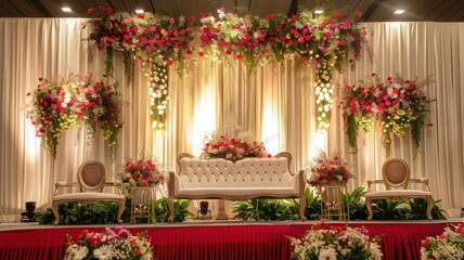 Wedding stage decoration background inside the building with elegant and beautiful flower decorations