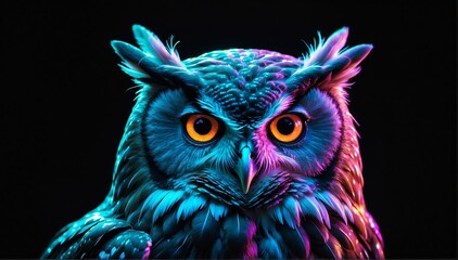 holographic glowing portrait of owl on black dark background from Generative AI