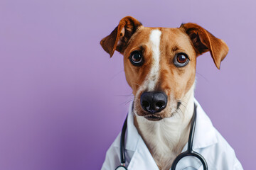 A friendly dog in a therapist's attire, listening intently, isolated on a counseling lavender background with copy space at the top, symbolizing empathy and support in mental health
