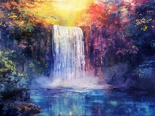 Bright pastel watercolor, charming waterfall in a forest, vibrant, hand drawn natural beauty