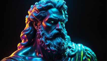 holographic glowing portrait of poseidon on black dark background from Generative AI