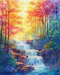 Serene forest waterfall, vibrant and bright pastel watercolor, hand drawn nature depiction