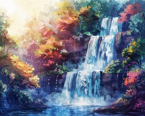Watercolor hand drawn waterfall in a forest, bright pastels, serene nature scene