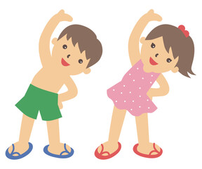 海水浴をする前に、水着姿で準備体操をする男の子と女の子