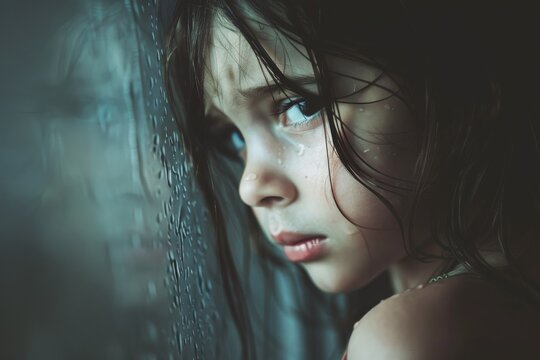 A poignant image capturing a young girl's tearful face as she gazes out of a rain-streaked window, reflecting sadness