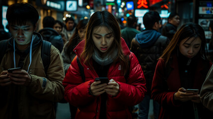 Smartphone Swarm: Busy Urban Street Teeming with People Engaged with Screens, an Echo of the Attention Economy's Influence