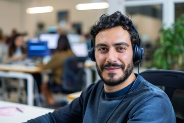 An office worker with curly hair and a beard smiles warmly at the camera while wearing headphones in a lively office setting