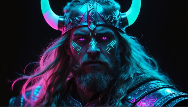 holographic glowing portrait of viking on black dark background from Generative AI