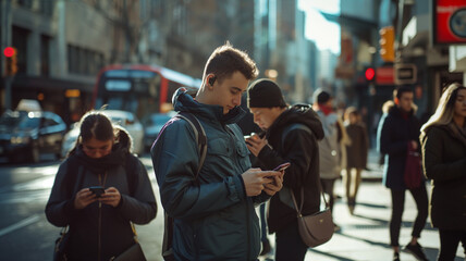 Bustling Street Alive with Smartphone Users, Offering a Glimpse into the Dominance of the Attention Economy - obrazy, fototapety, plakaty