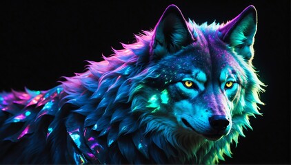 holographic glowing portrait of wolf on black dark background from Generative AI
