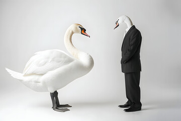 A composed swan in HR attire, interviewing a candidate, isolated on a professional development white background, representing grace and discernment in human resources 