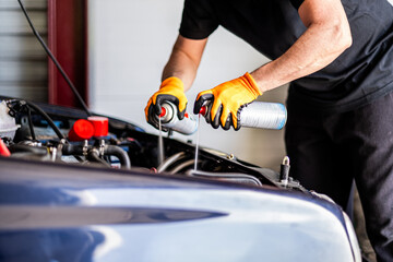 Mechanic and racer add fluids to car engine in Castilla y León workshop.