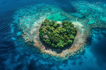 An aerial view of Heart Island surrounded by a vibrant coral reef, teeming with marine life.