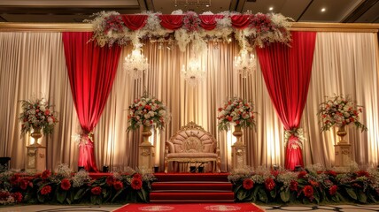 Fototapeta na wymiar Wedding stage decoration background inside the building with elegant and beautiful flower decorations