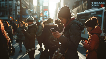 Busy Street Uniting Smartphone Users in a Shared Digital Space, Exemplifying the Grip of the Attention Economy on Contemporary Culture