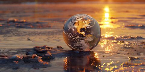 Water planet and climate change with the earth in a puddle as a symbol of global warming