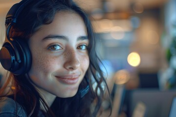 A cheerful young woman with headphones and a smile interacting on her computer in a luminous workspace