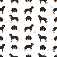 Austrian black and tan hound seamless pattern. Different poses, coat colors set