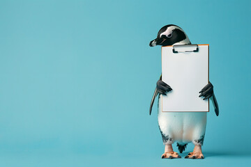 A poised penguin as a public relations manager, with a clipboard and wearing glasses, set against a media relations icy blue background, exemplifying professionalism and cool under pressure