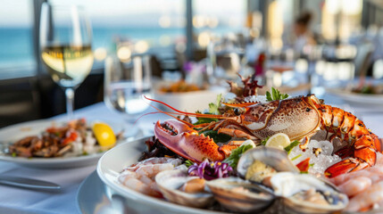 A seafood platter with shrimp, crab, and lobster is served on a white plate