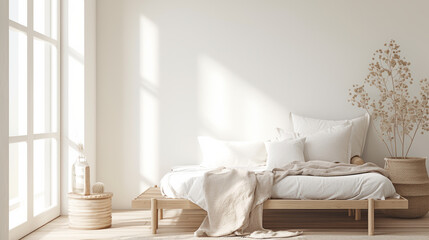 Aesthetic bed in a Scandinavian-style bedroom, with a simple wooden frame, soft pastel linens