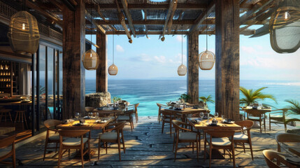 A beachfront restaurant with a view of the ocean
