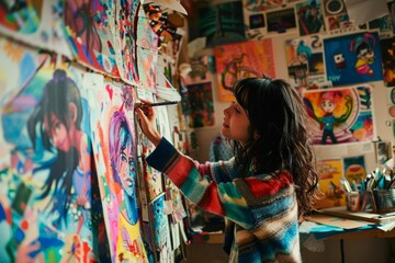 Creative female artist paints a vibrant, abstract mural using a flurry of bold colors and expressive techniques