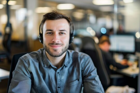 A male worker smiling at the camera wearing a headset, suggesting customer service or communication
