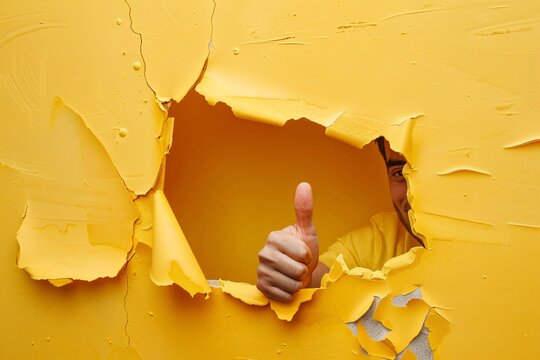 a man holding up his thumb through a hole in a yellow wall