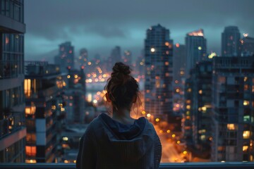 Fototapeta na wymiar A contemplative woman gazes over a cityscape illuminated by vibrant city lights, capturing a moment of urban solitude