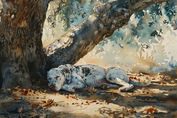 "Old dog napping under a tree, watercolor, dappled sunlight, wide angle