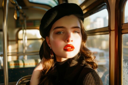 An elegant young woman with a beret and a deep, introspective gaze is lit by the warm afternoon sun in a tram