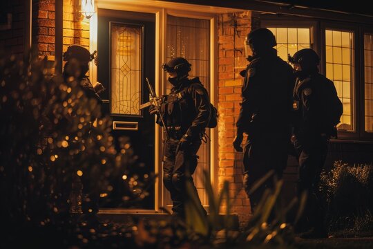 The image showcases a team of tactical officers gathered near a home's front door, potentially preparing for a breach during a nighttime operation