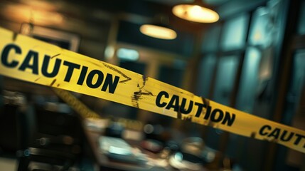 A prominently displayed caution tape set against a blurred, busy industrial environment, connoting an active hazard