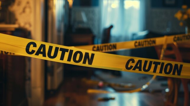 Focus on stark yellow caution tape stretched across an indoor setting suggesting a crime scene or hazard area